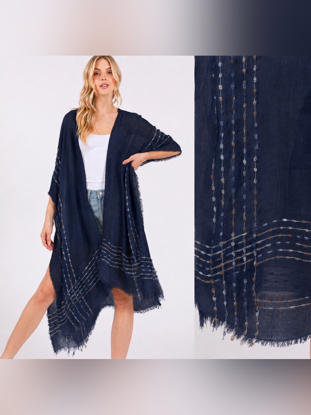 Navy Blue Boho Fringe Stitch Design Open Duster Kimono Cover-Up Shawl Wrap